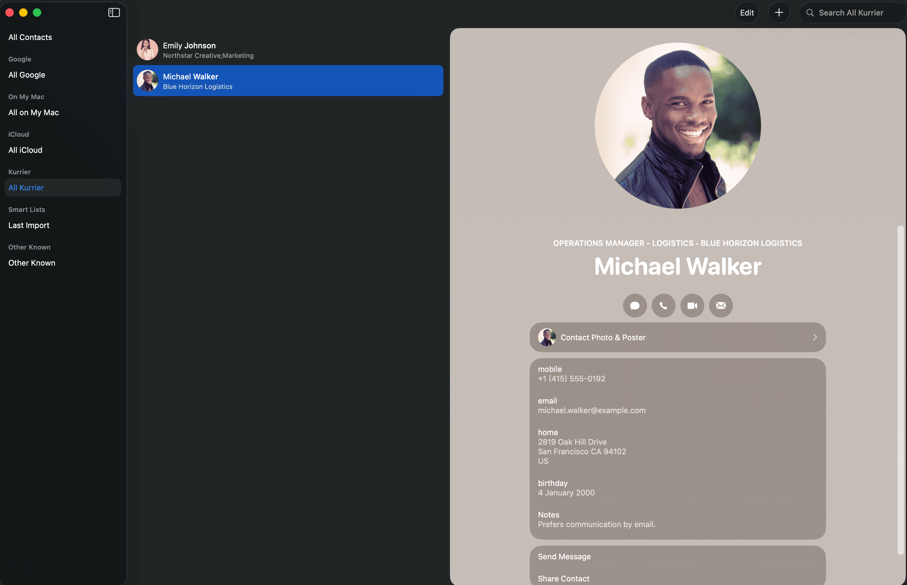 Kurrier Contacts in macOS