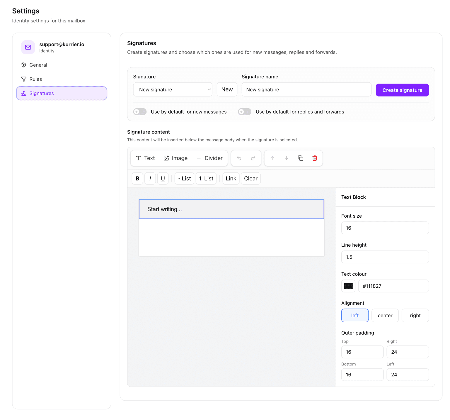Email signature editor in Kurrier